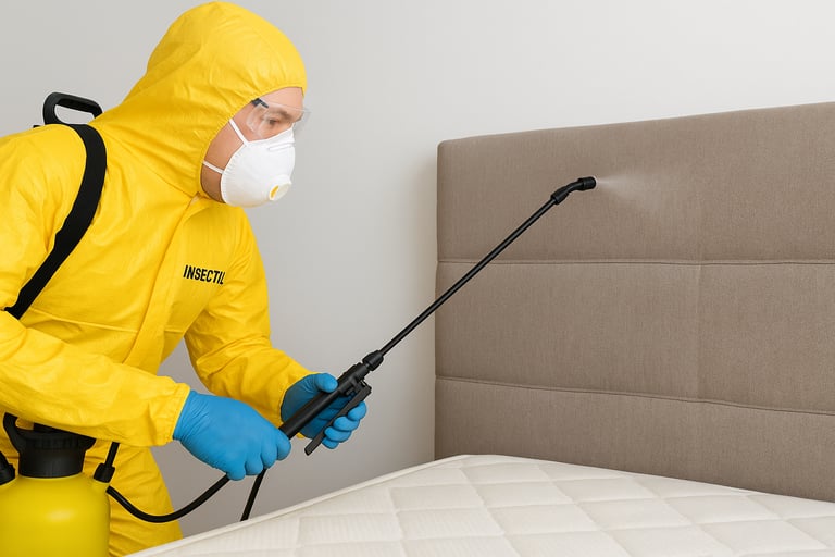 alt: "fumigación profesional de chinches en cama por técnico de Insectil"
