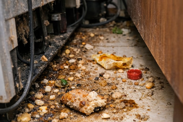 residuos de comida detrás del refrigerador en cocina