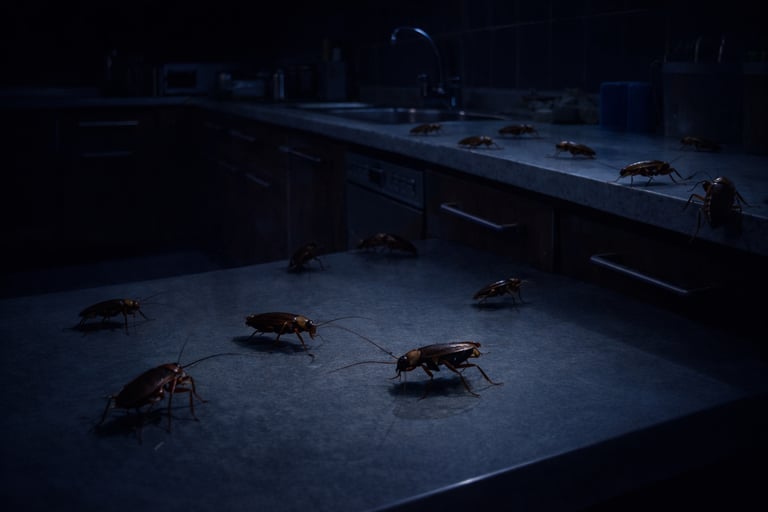 cucarachas de noche en cocina con luz apagada