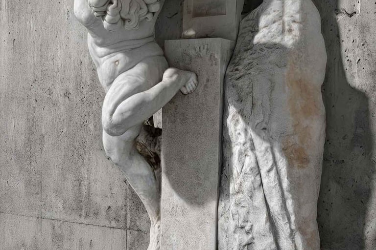 White marble sculpture depicting a child inserted into a stone cross, attached to a gray wall.