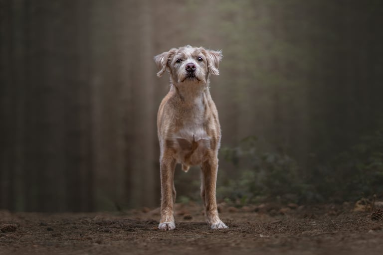 a rescue dog looking into the camera for a yorkshire pet photographer uk