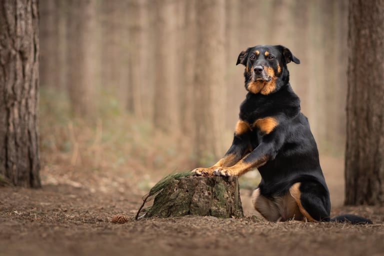 a rescue dog in the woods on her pet photo session uk