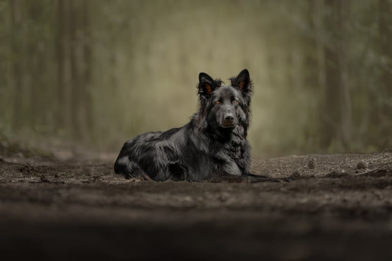 a black german shepherd looking into the camera in the woods during a pet portrait session in the uk