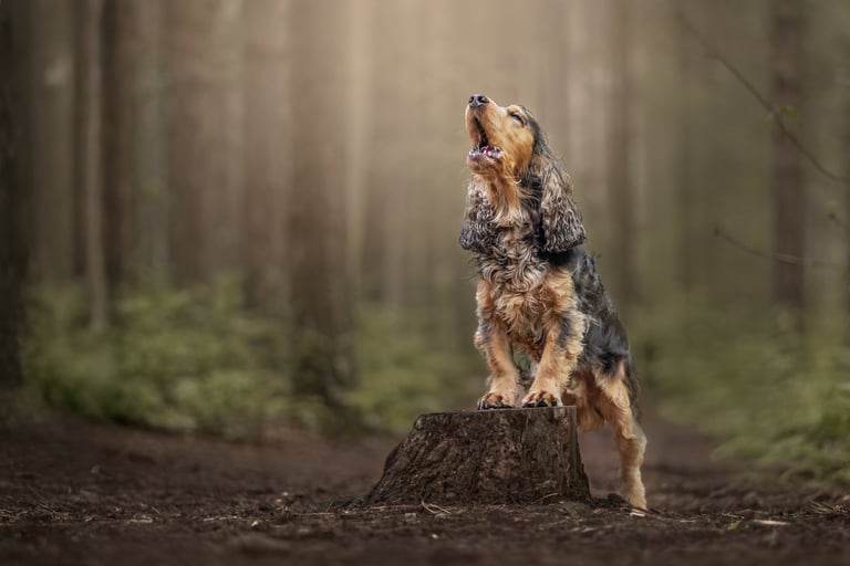 a show cocker spaniel howling in the woods pet photography