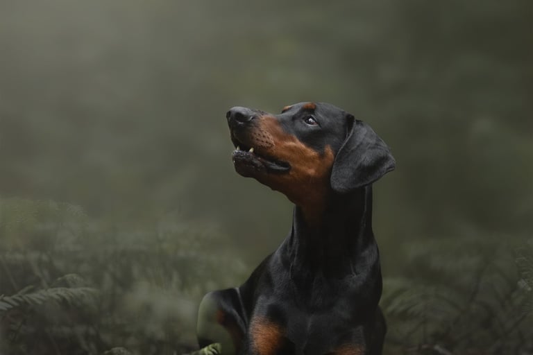 a doberman looking up at the light in a forest photoshoot for pets