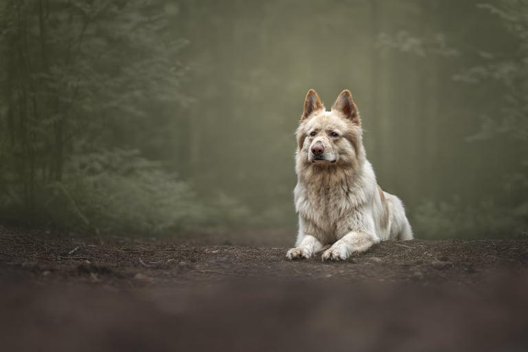 a white german shepherd laying in the forest. professional pet portraits