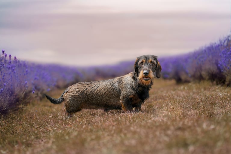dachshund in a lavender field staring into the camera