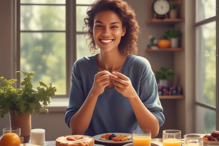 Smiling woman with colorful DNA double helix strands representing genetics and biotechnology.