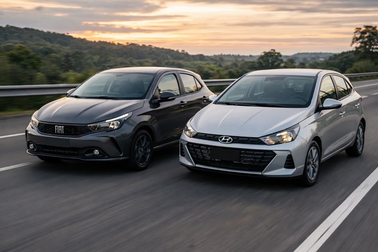 Fiat Argo vs Hyundai HB20 2024 em movimento na rodovia comparativo hatch compacto