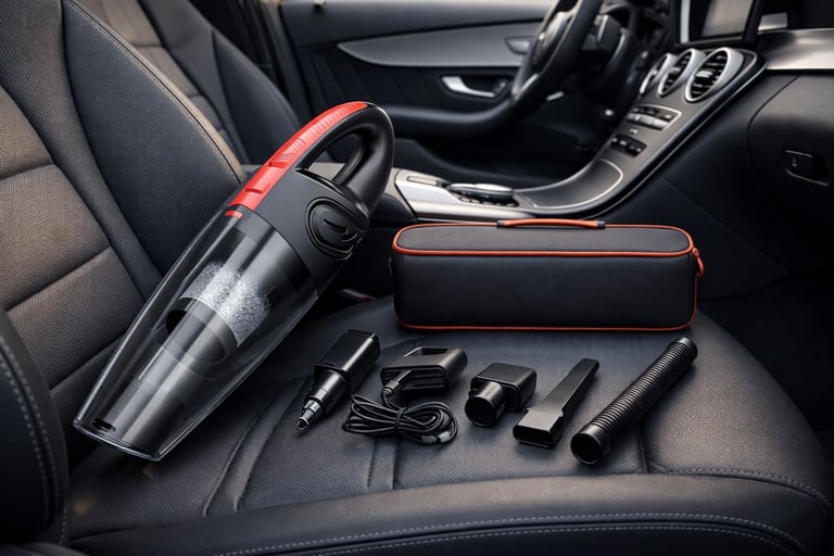 Aspirador portátil sem fio com acessórios no banco do carro destacando uso automotivo