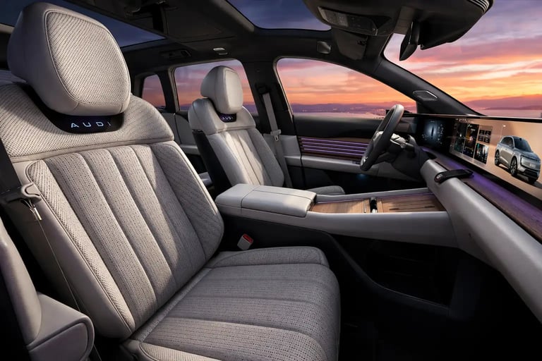 Interior frontal do AUDI E7X 2027 com painel 4K, acabamento premium e bancos de luxo estilo jato
