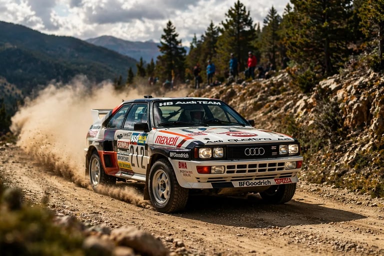 carros de rally Audi Quattro em ação no WRC em estrada de terra com poeira e cenário montanhoso