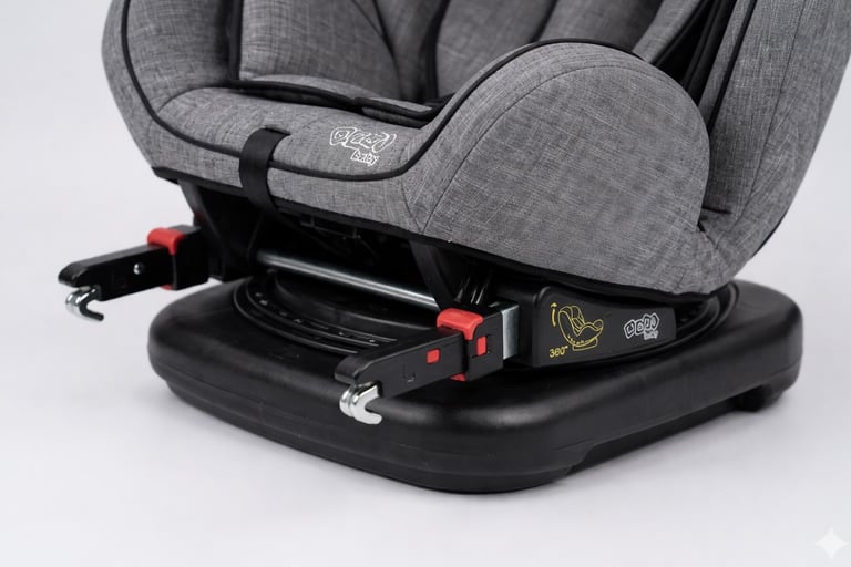 Detalhe da base Isofix de cadeira de carro 360 mostrando sistema de fixação e mecanismo de rotação