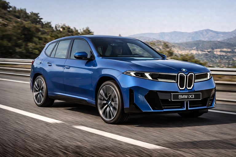 BMW iX3 2026 em movimento em rodovia destacando desempenho e design elétrico