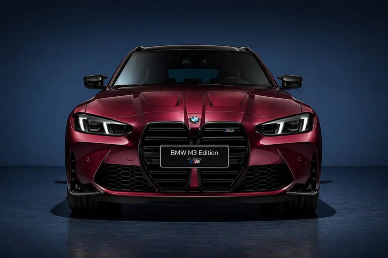 BMW M3 40 anos em versão vermelha visto de frente com design agressivo