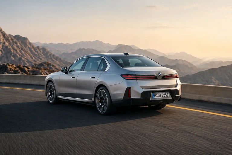 BMW Série 7 com visual traseiro moderno e luxo extremo em movimento na estrada