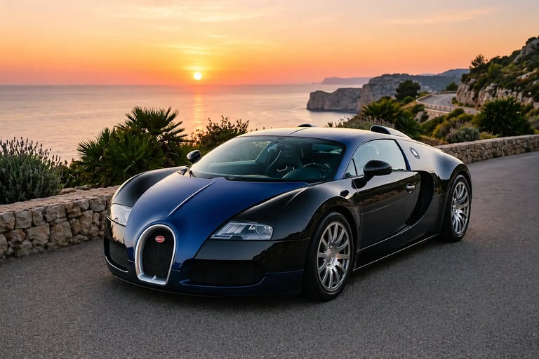 Bugatti Veyron em estrada litorânea ao pôr do sol marcando era da Volkswagen na Bugatti