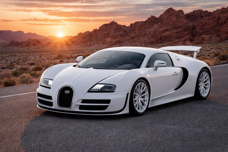 Bugatti Veyron Super Sport branco em estrada no deserto ao pôr do sol
