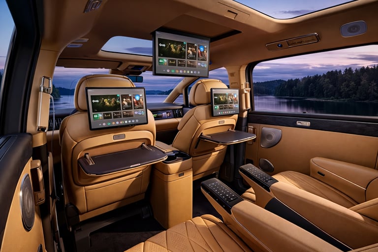 Interior do Denza D9 com telas traseiras e sistema de entretenimento para passageiros