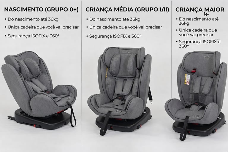 Cadeira de carro 360 Isofix mostrando uso para bebê, criança média e criança maior