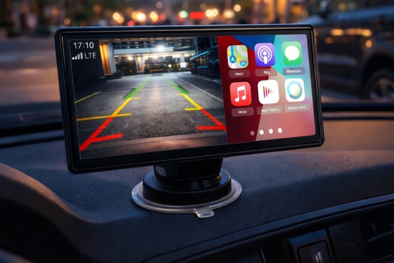 Central multimídia 7 polegadas com câmera de ré ativa exibindo imagem traseira no carro