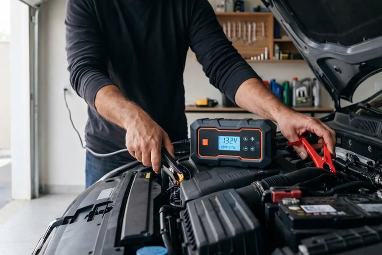 carregador de bateria 12v 6a sendo conectado na bateria de carro em garagem residencial com display
