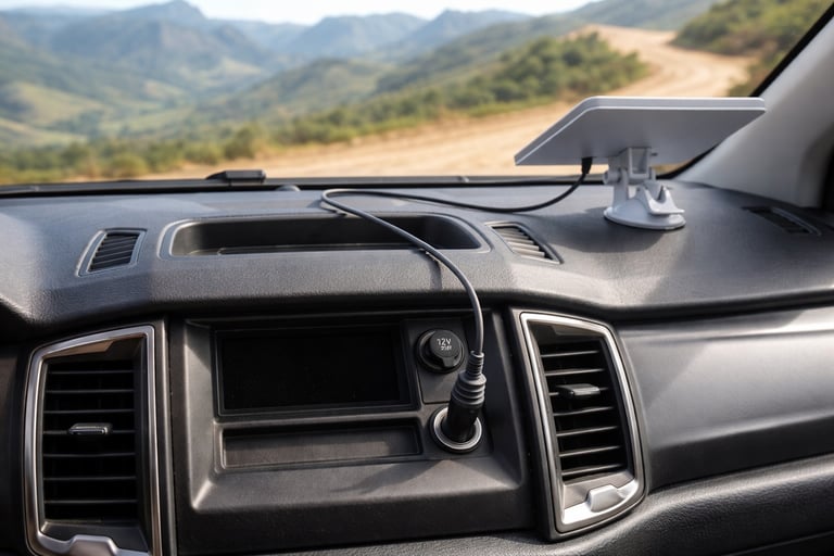 Starlink Mini ligado ao carregador 12V no console central do carro com cabo conectado