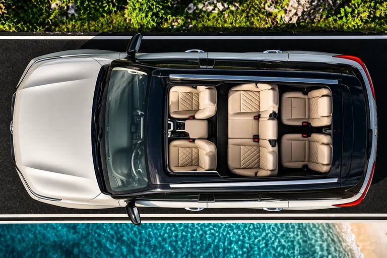 carro de 7 lugares no Brasil em 2026 visto de cima mostrando disposição dos bancos e espaço interno