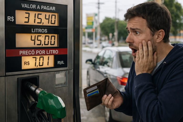carro econômico com preço do combustível alto na bomba e homem assustado no posto