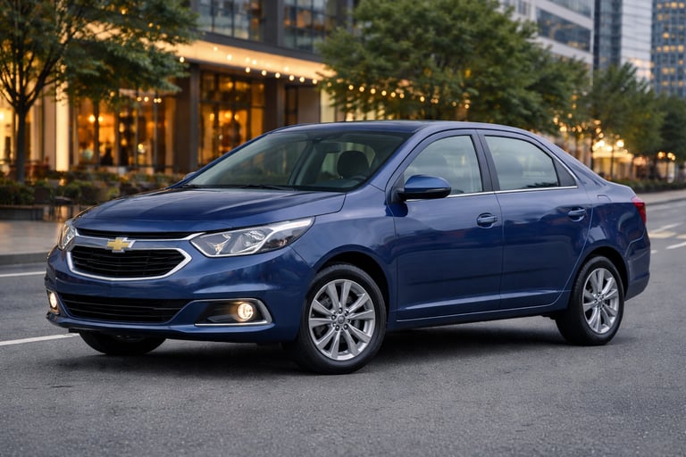 carro grande e barato chevrolet cobalt azul sedan em ambiente urbano moderno