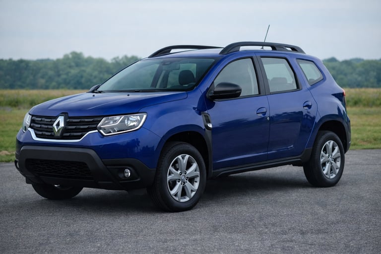 carro grande e barato renault duster azul escuro suv em estrada aberta