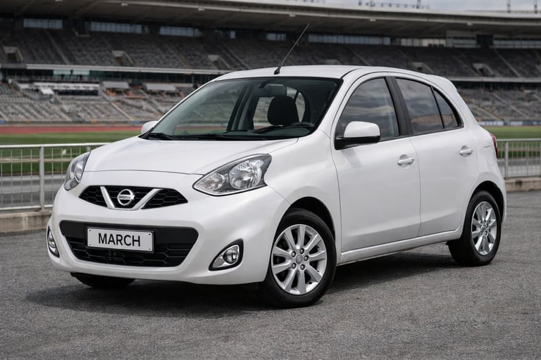 carro pequeno Nissan March branco estacionado próximo a estádio
