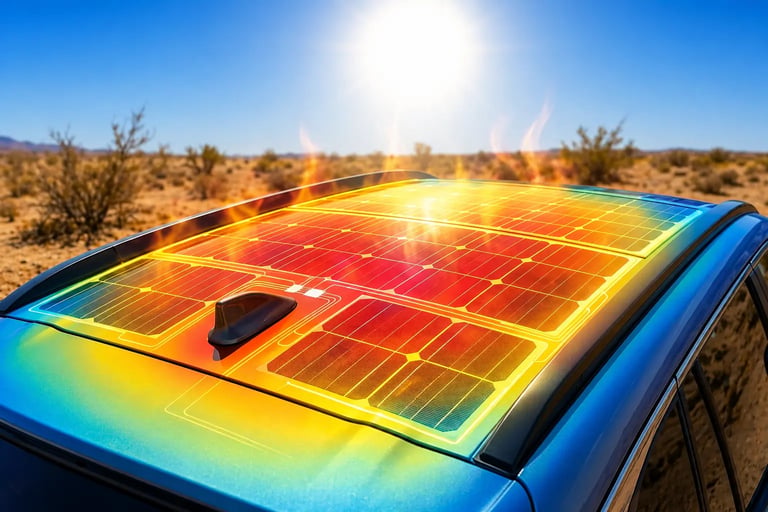 Painéis solares no teto de carro com calor excessivo sob sol intenso