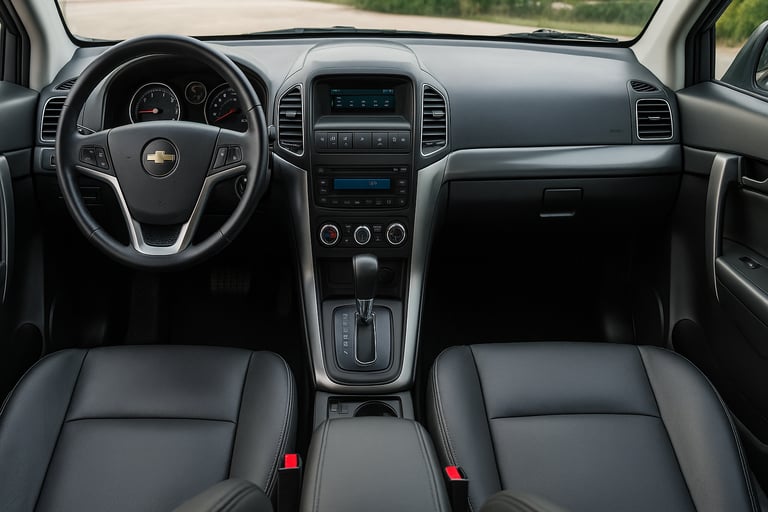 Interior do Chevrolet Captiva com painel central, volante e bancos em couro preto.
