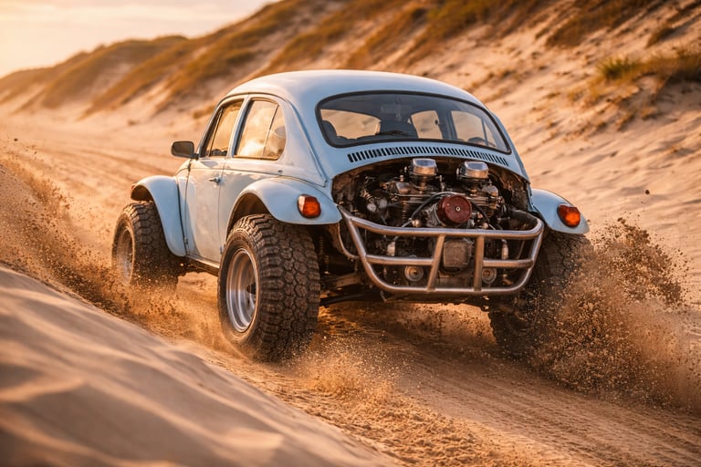 Fusca Baja subindo duna e jogando areia para trás, com motor traseiro exposto e proteção tubular off