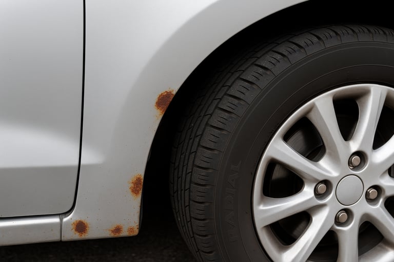 Detalhe de um Ford Ka Sedan prateado com pequenos pontos de ferrugem na parte inferior da porta.