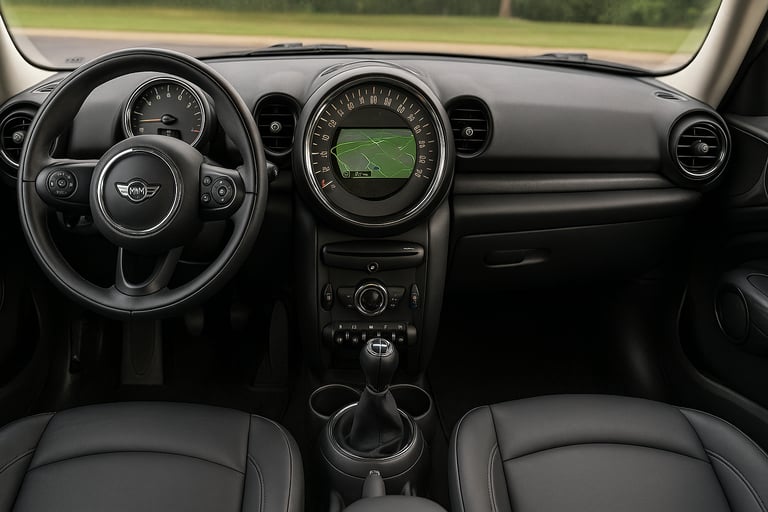 Interior do Mini Cooper com volante, painel circular central e bancos em couro preto.
