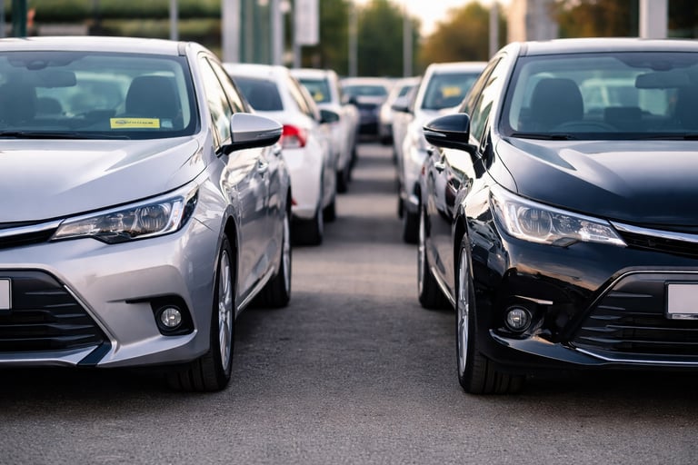 Dois carros usados estacionados lado a lado em pátio de concessionária ao entardecer