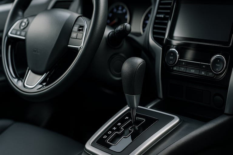 Alavanca de câmbio automático em destaque no console central de carro moderno, com painel iluminado 