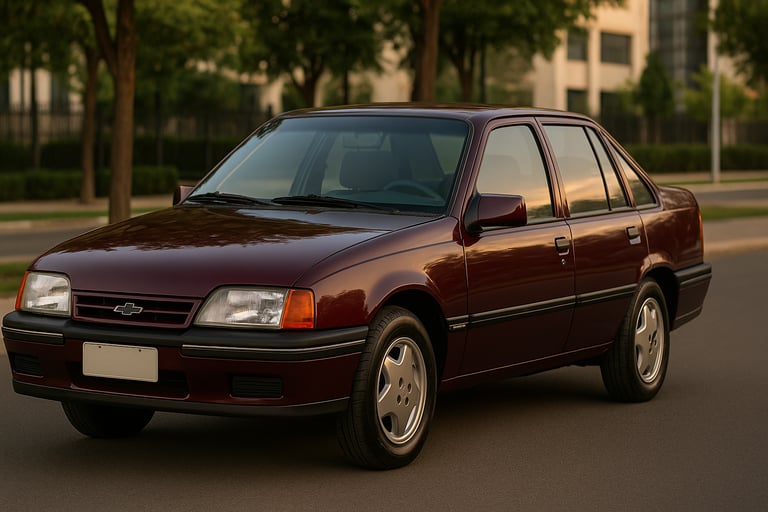 Chevrolet Monza 1995 vinho estacionado em rua urbana ao entardecer, com fundo de prédios e árvores.