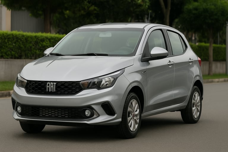 Fiat Argo prata estacionado em rua residencial, visto de frente em ângulo três quartos, sem frases