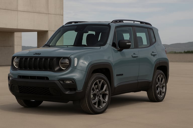 Jeep Renegade 2023 azul visto em ângulo 3/4 frontal, estacionado em ambiente aberto com fundo urbano
