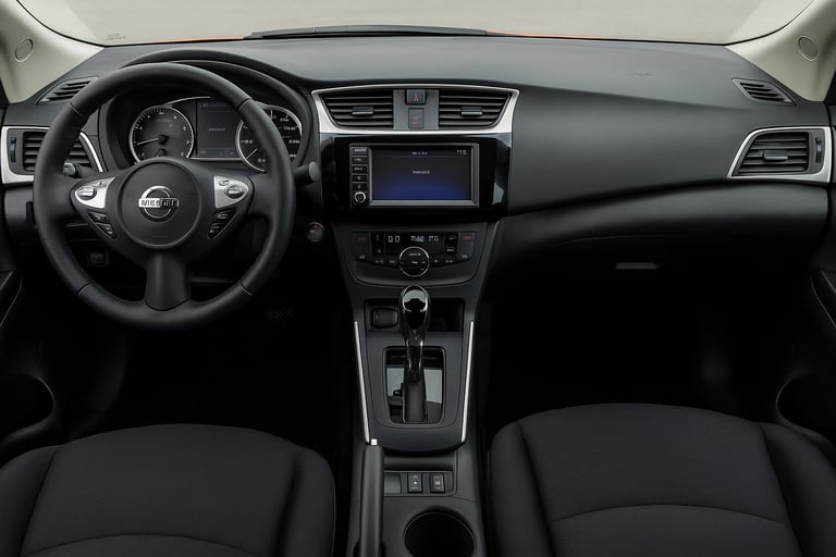 Interior do Nissan Sentra 2018, mostrando painel, volante multifuncional e câmbio automático no cons