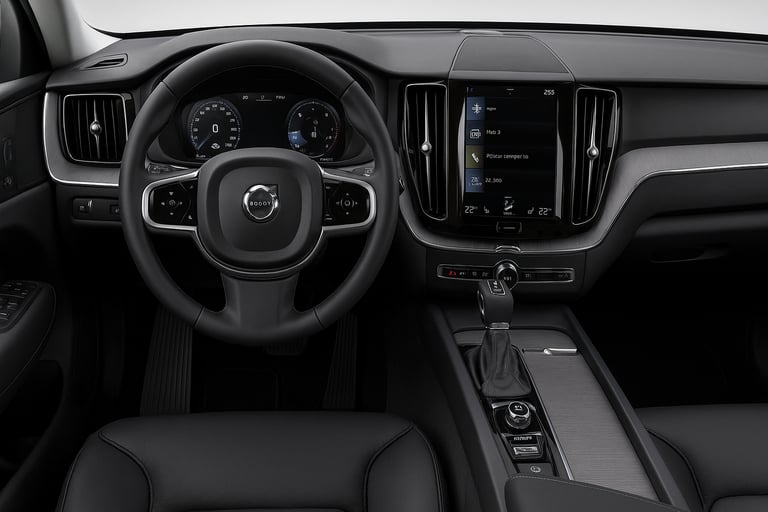 Interior do Volvo XC60 2018 em couro preto, com painel digital, volante multifuncional e tela multim