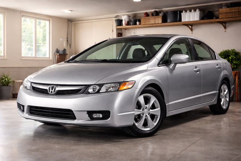 Sedã usado bem conservado estacionado em garagem iluminada e organizada