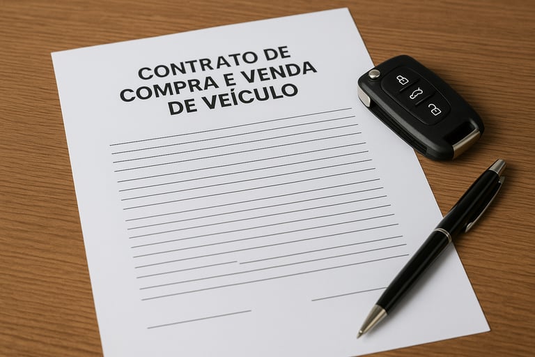 Contrato de compra e venda de veículo em mesa com chave e caneta ao lado