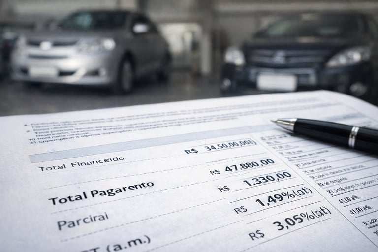 Contrato de financiamento de veículo com valores e taxas destacados sobre mesa, com carros desfocado
