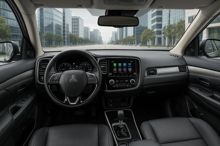 Interior do Mitsubishi Outlander V6, com volante, central multimídia e acabamento em couro