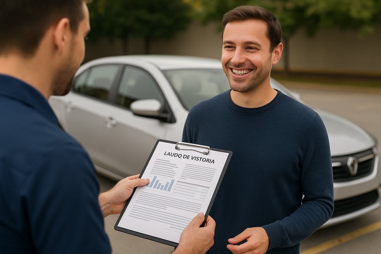 Cliente sorridente recebendo relatório impresso de vistoria de técnico em frente a um carro prateado