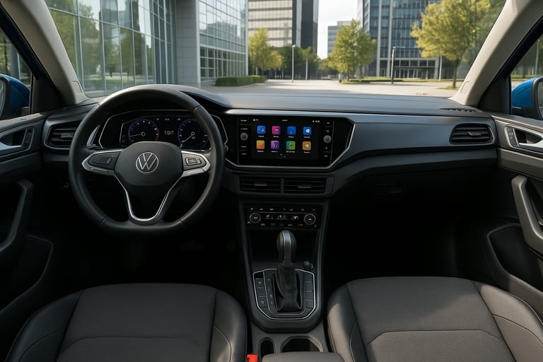 Interior moderno do Volkswagen Nivus 2025 azul metálico, com painel digital e central multimídia ilu